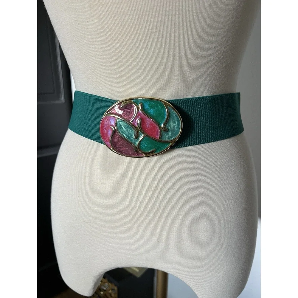 Vintage 80s Stretch wide elastic Belt Enamel Buckle Teal Pink‎ Statement Medium